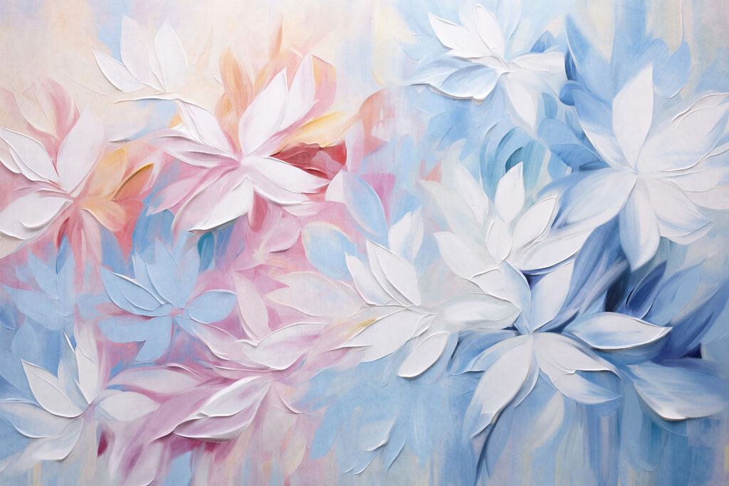 Schilderij van bloemen met witte en blauwe bladeren — volledig ontwerp