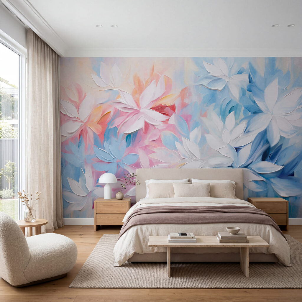 Schilderij van bloemen met witte en blauwe bladeren — interieur 2