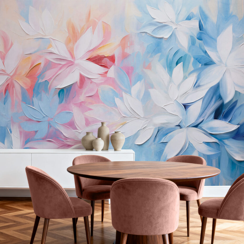 Schilderij van bloemen met witte en blauwe bladeren — interieur 3