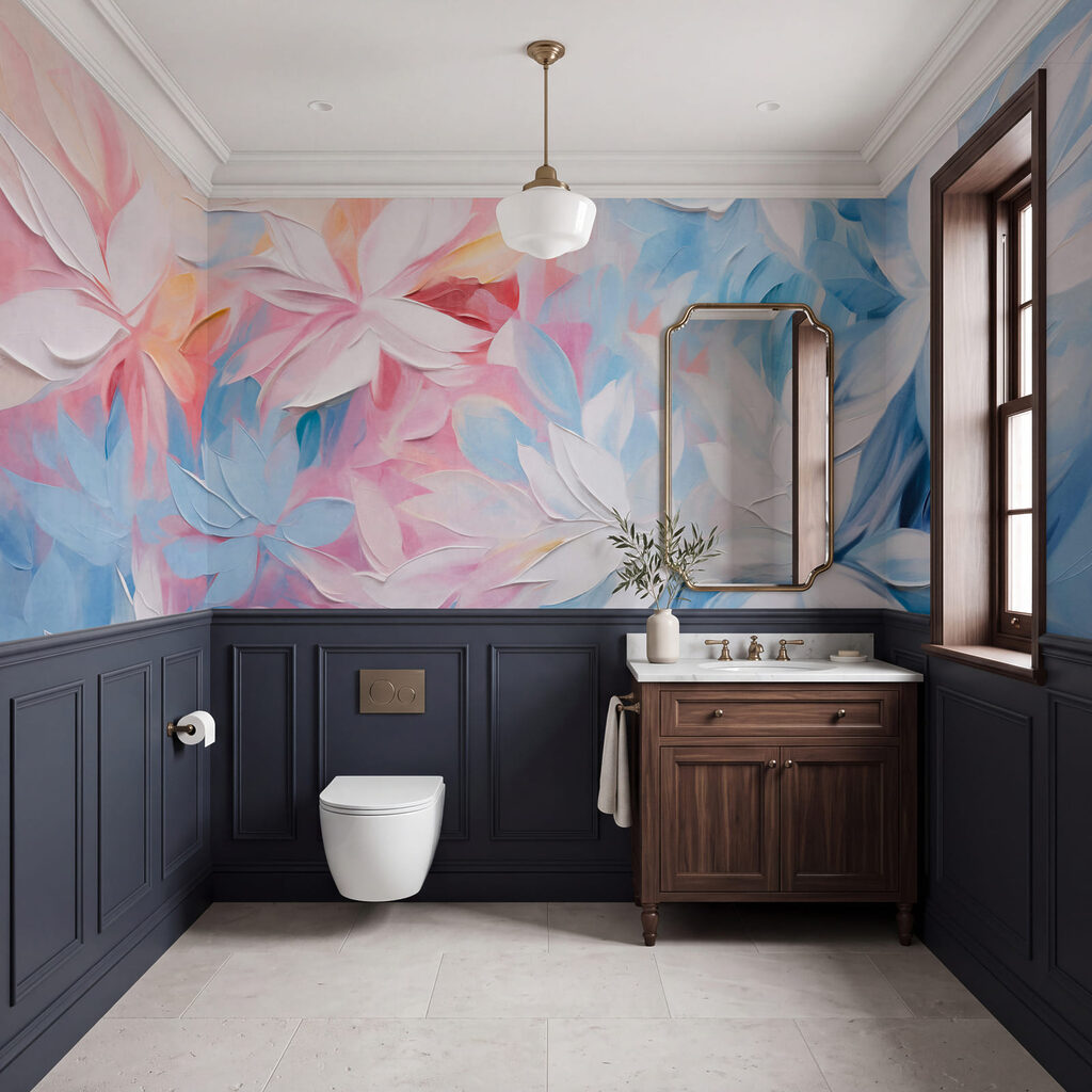 Schilderij van bloemen met witte en blauwe bladeren in een interieur