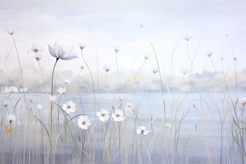 Bloemen aan blauw water — volledig ontwerp