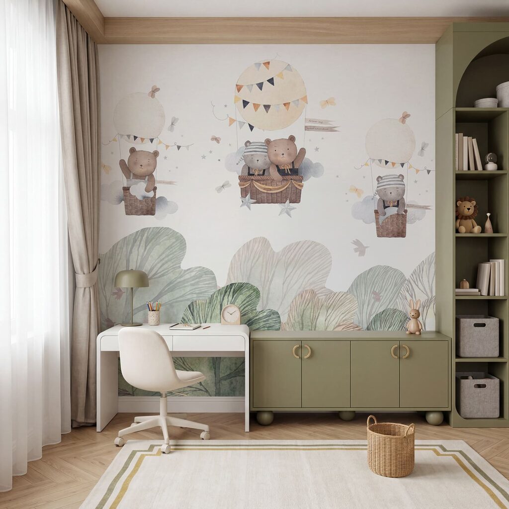 Een groep knuffelbeertjes in een heteluchtballon in een interieur