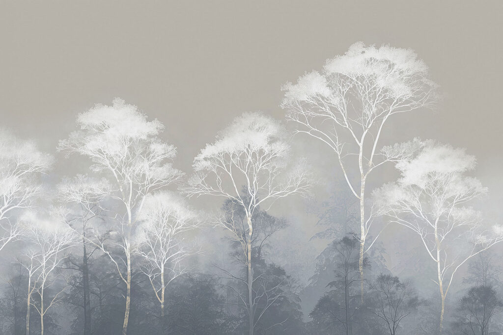 Groep bomen in de mist — volledig ontwerp