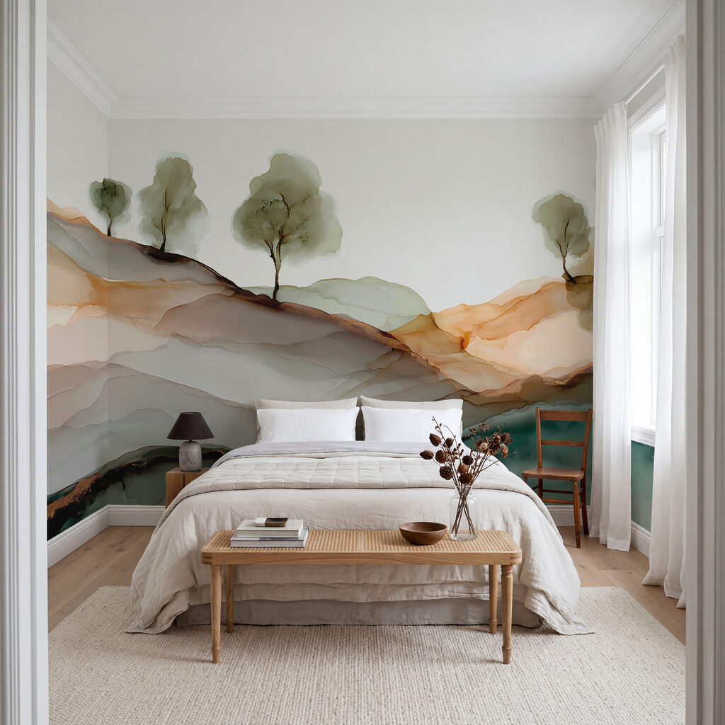 Schilderij van bomen op een heuvel in een interieur