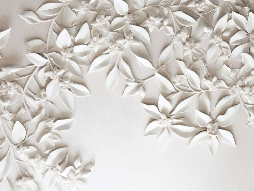 Witte bloemen rond hoekvormen — volledig ontwerp