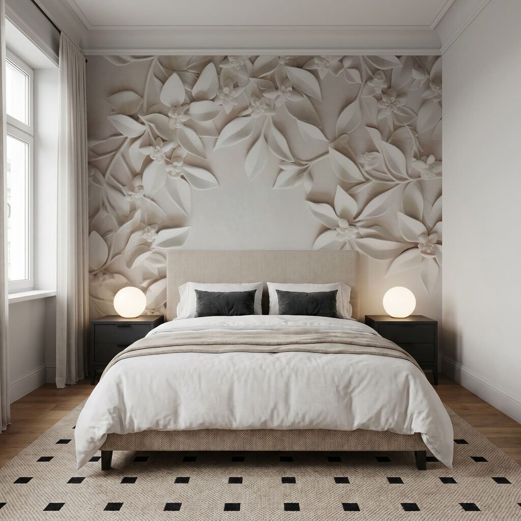 Witte bloemen rond hoekvormen — interieur 2