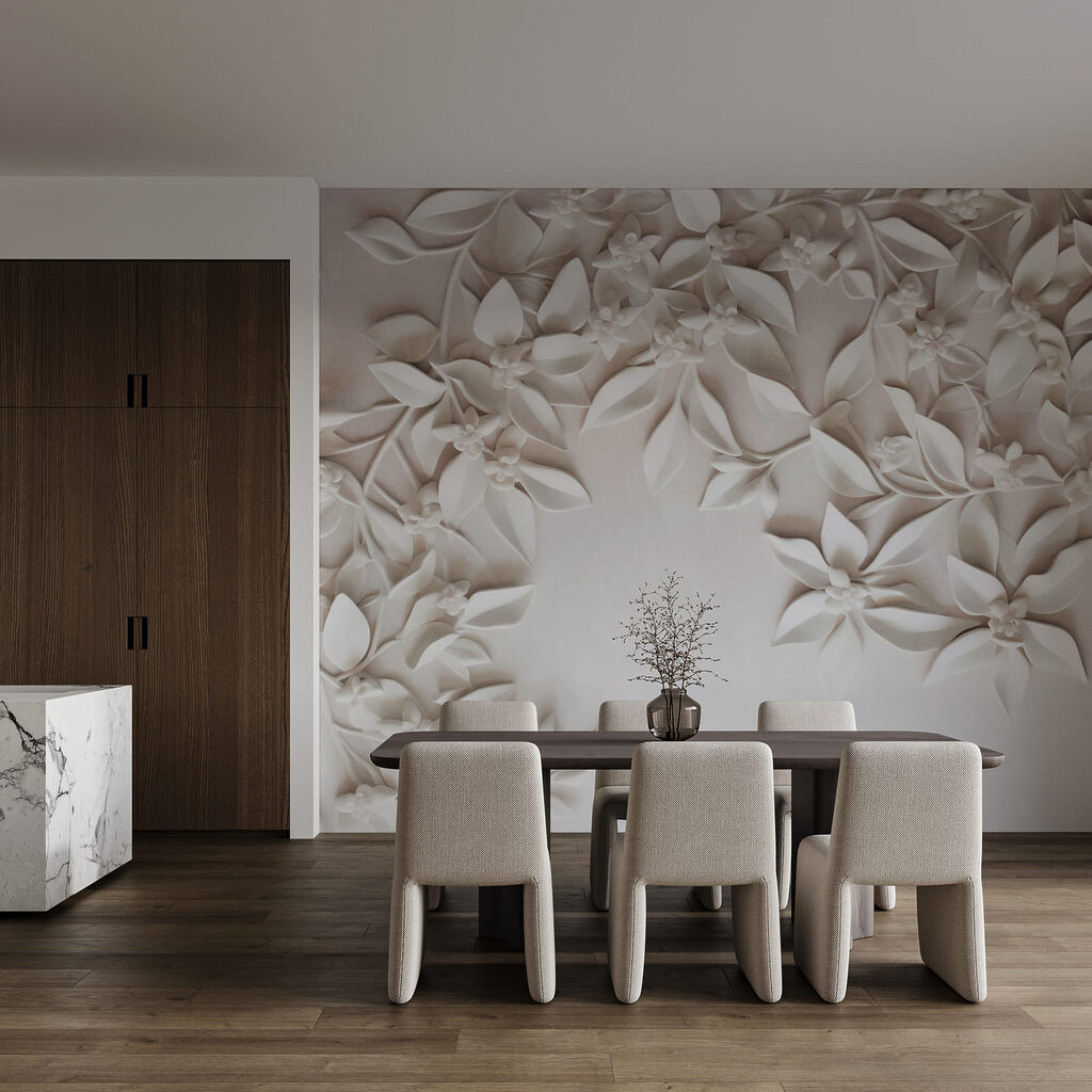 Witte bloemen rond hoekvormen — interieur 3